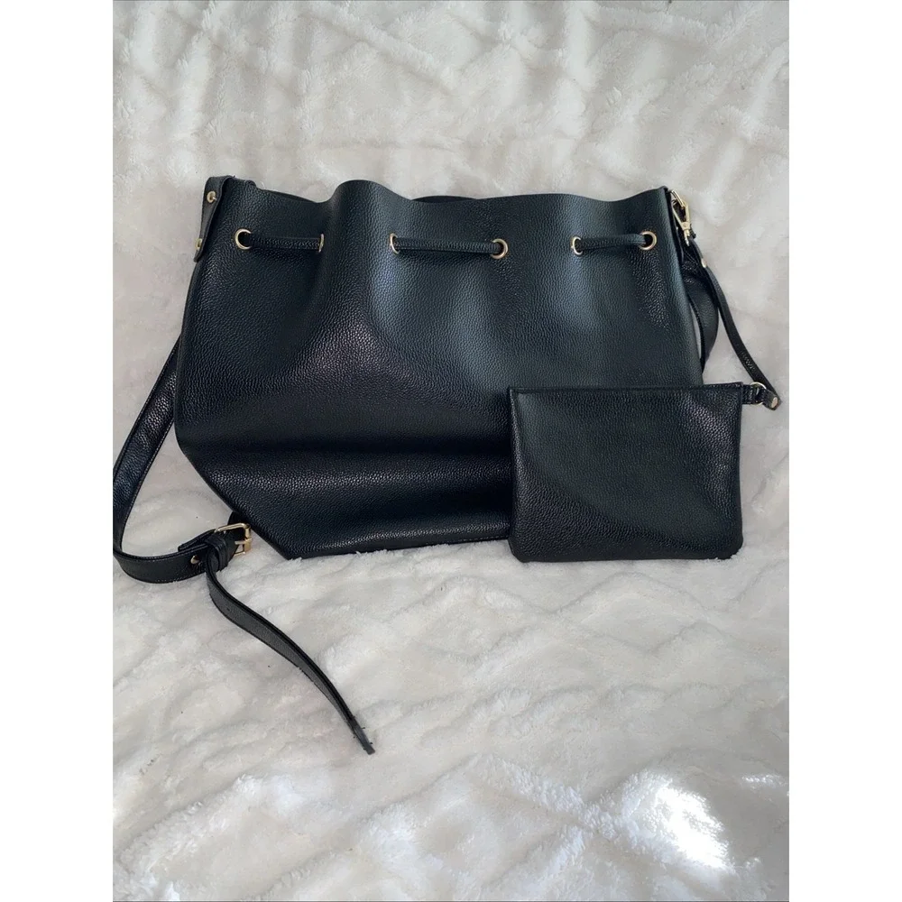 NWT‎ Bella Russo Black Cinched Fake Pebbled Leather Tote Bad Purse Set
